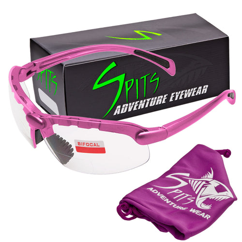 C2 pink frame bifocal safety glasses by Spits Eyewear