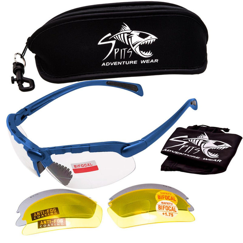 C2 shooting safety glasses with interchangeable lenses, including a clear lens, a yellow lens, and a gray lens, along with a black case featuring a Spits Eyewear logo Blue Frame