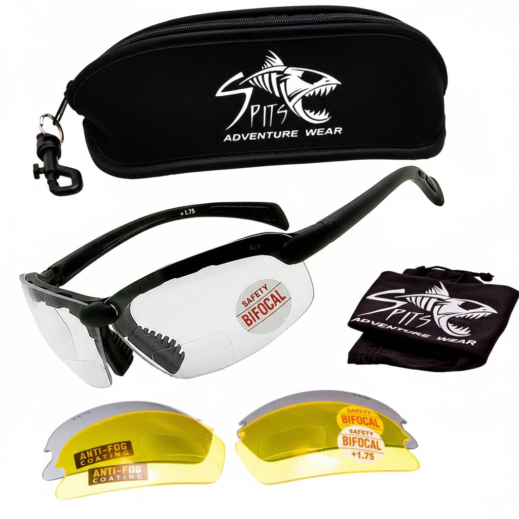 C2 shooting safety glasses with interchangeable lenses, including a clear lens, a yellow lens, and a gray lens, along with a black case featuring a Spits Eyewear logo Black Frame