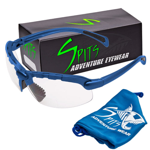 Spits C2 bottom bifocal magnifier shooting safety glasses in blue, pink and purple frames by Spits Eyewear