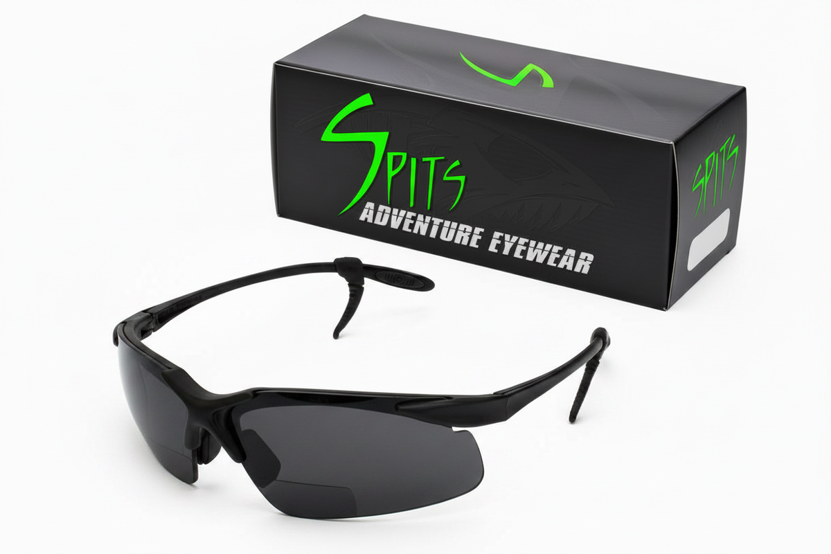 Archer bifocal safety glasses with smoke lenses and rubber ear lock retainers with Spits Adventure Eyewear box - Spits Eyewear