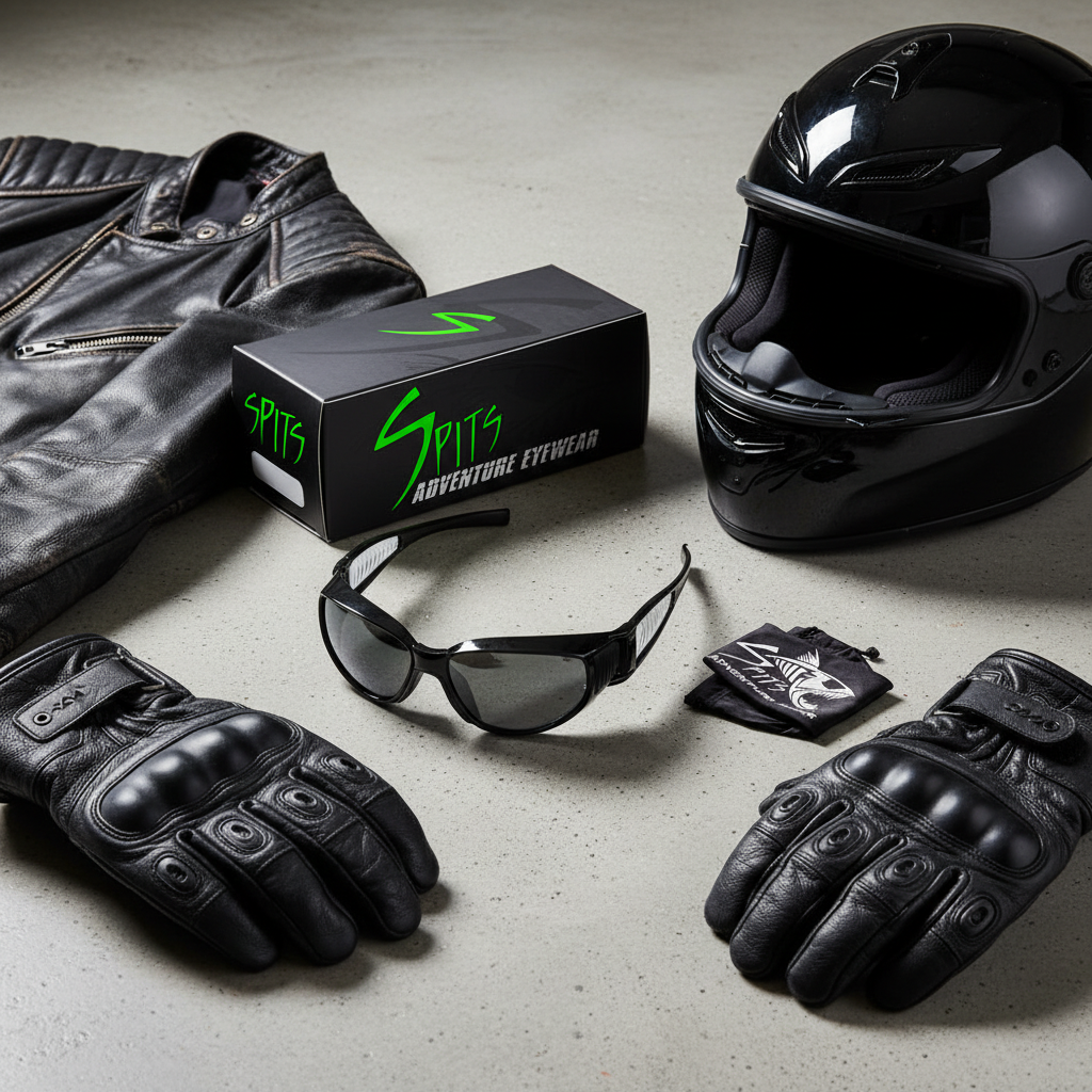 Shark vented motorcycle sunglasses with black frame, metal temples and smoke flash mirror lenses displayed alongside a leather jacket, motorcycle gloves, and helmet