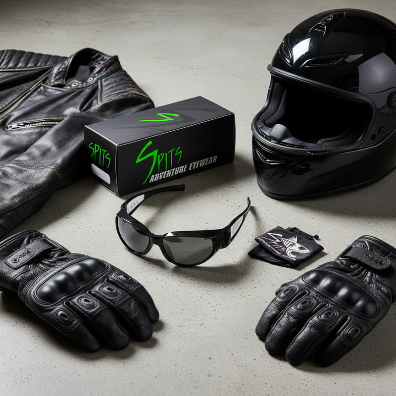Shark vented motorcycle sunglasses with black frame, metal temples and smoke flash mirror lenses displayed alongside a leather jacket, motorcycle gloves, and helmet