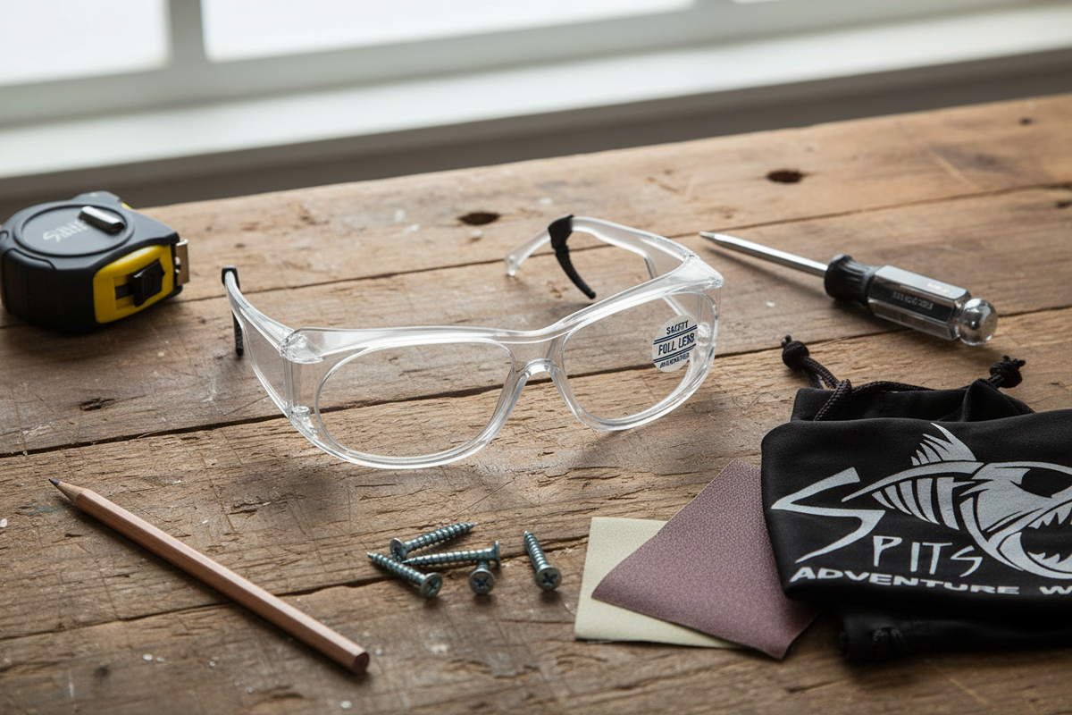 Mag-Safe Full magnifying safety glasses workshop flat lay with tape measure, screwdriver, wood screws, sandpaper, pencil and Spits Adventure Wear drawstring bag