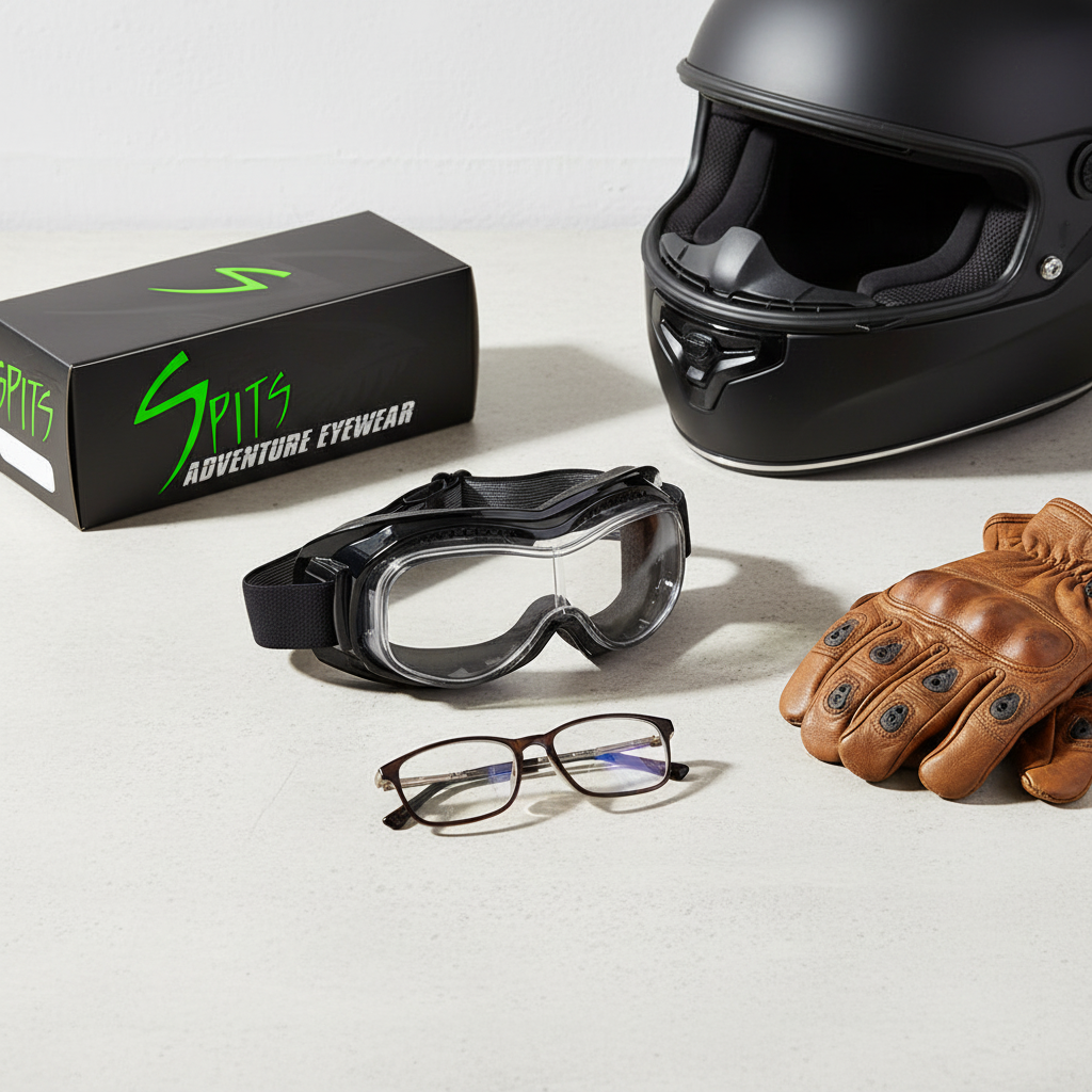 Tach-1 OTG motorcycle goggles with molded foam padding and adjustable strap displayed alongside a motorcycle helmet, leather gloves, and prescription eyeglasses highlighting the over-the-glass fit