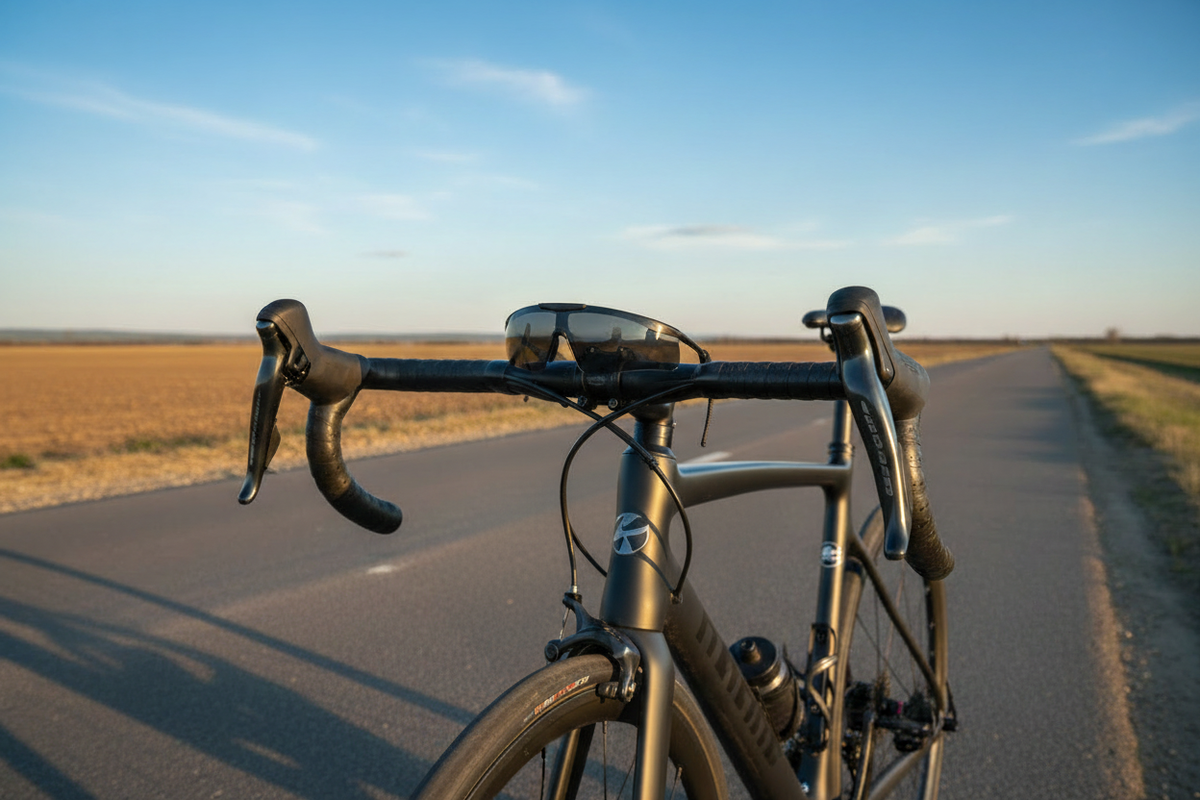 VELO-RAPTOR matte black sport sunglasses on road bike handlebars with open road in background - Spits Eyewear