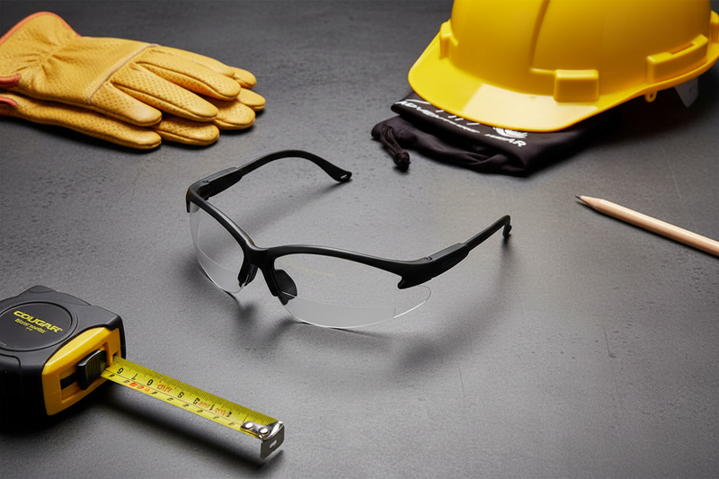 Cougar bifocal safety glasses solid frame flat lay with construction accessories including safety gloves, measuring tape, and hard hat
