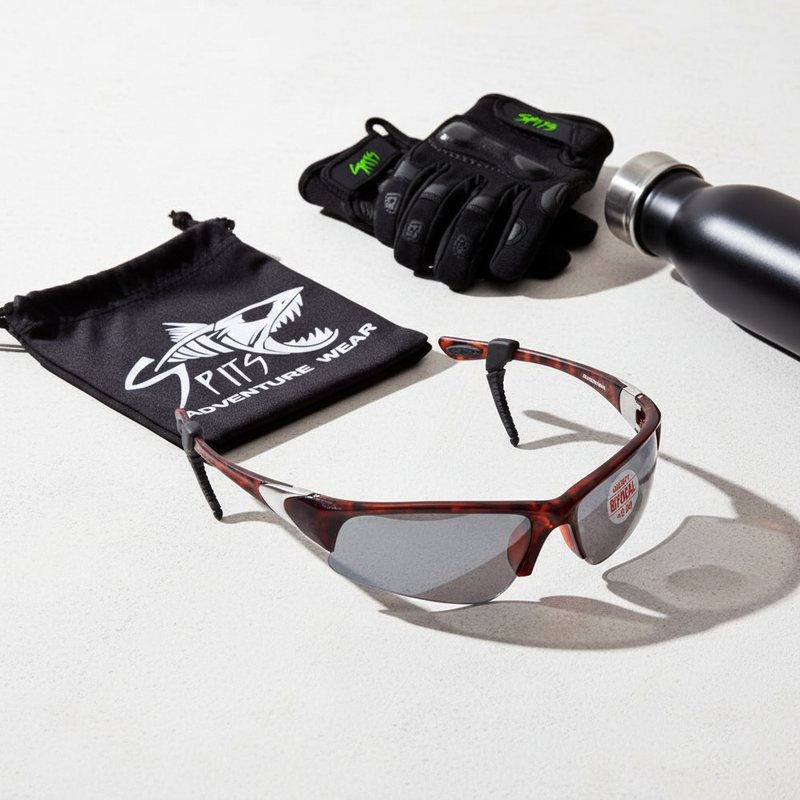 Velo-Spec Bifocal Safety Glasses lifestyle flat lay with drawstring bag and cycling accessories