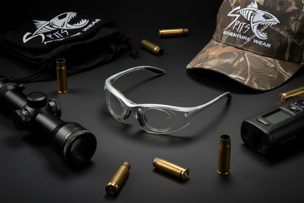 MAGshot gray frame magnifying hunting shooting safety glasses flat lay with gun scope, rifle shells, rangefinder, camo hat with Spits Eyewear logo and Spits Adventure Wear drawstring bag
