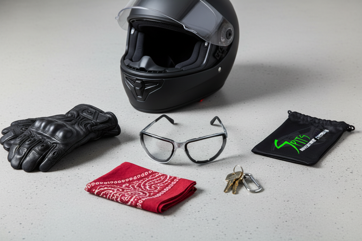 Sturgis 1 foam padded metal framed safety glasses motorcycle accessories flat lay with helmet, gloves, keys, bandana and Spits eyewear bag
