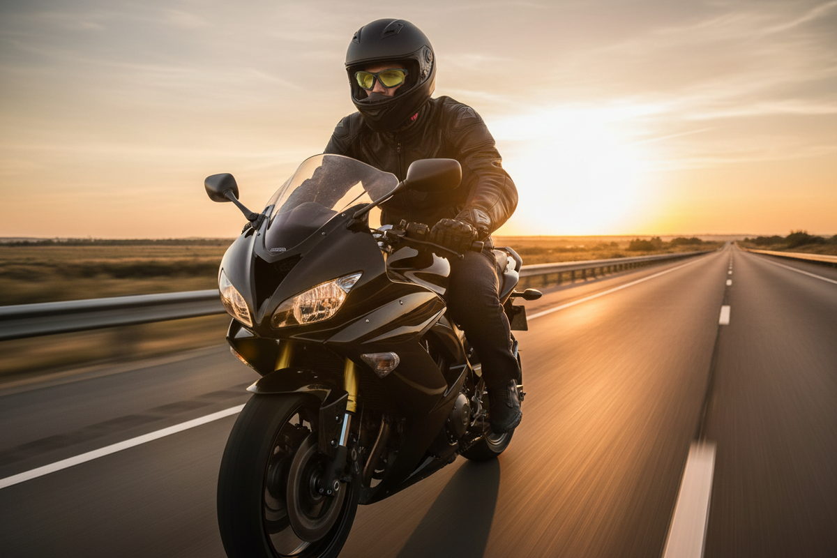 Motorcyclist wearing Bandit foam padded motorcycle sunglasses riding on open highway at golden hour - Spits Eyewear