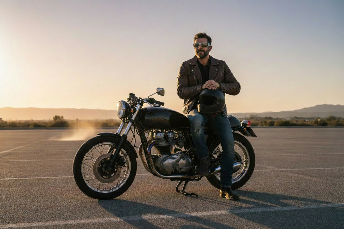 Motorcyclist leaning against motorcycle holding helmet wearing Axel slim metal temple foam padded sunglasses with mirrored lenses at golden hour - Spits Eyewear