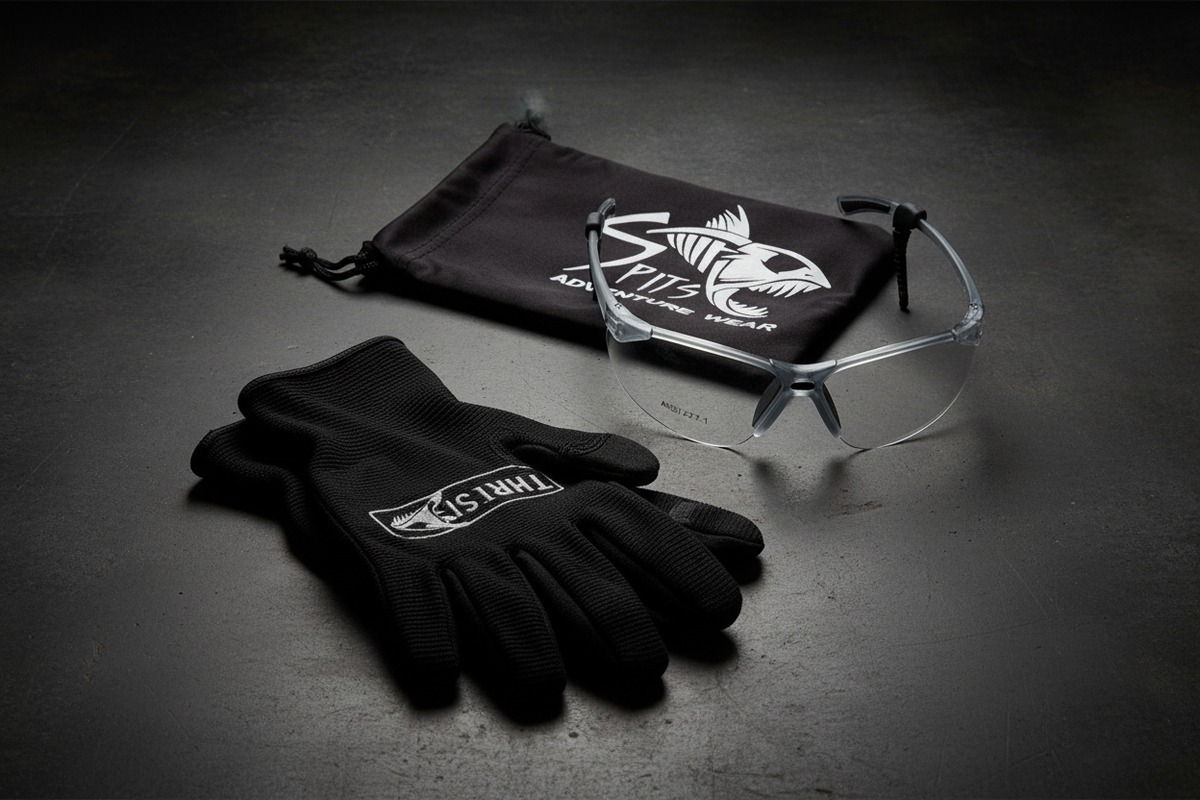 Spits Eyewear Thresher Z87.1 safety glasses lifestyle flat lay – translucent gray frame with clear lenses alongside black drawstring bag and work gloves