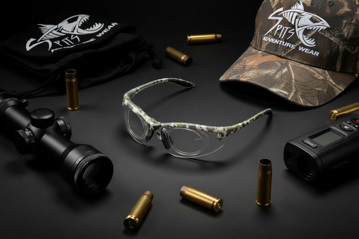 MAGshot ACU camo frame magnifying hunting shooting safety glasses flat lay with gun scope, rifle shells, rangefinder, camo hat with Spits Eyewear logo and Spits Adventure Wear drawstring bag
