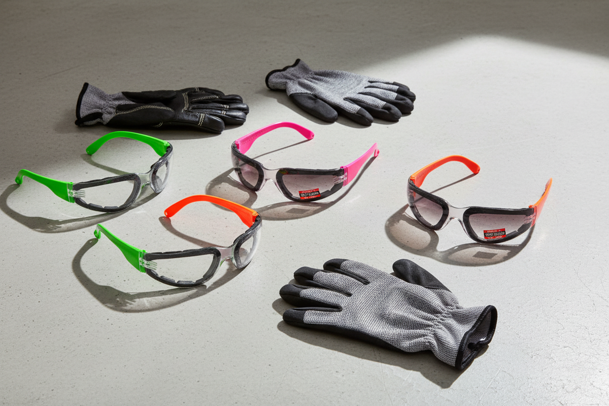 Spits Eyewear Rider Neon safety glasses lifestyle flat lay – green, pink and orange neon frames with clear and smoke lenses, with and without foam padding, alongside work gloves