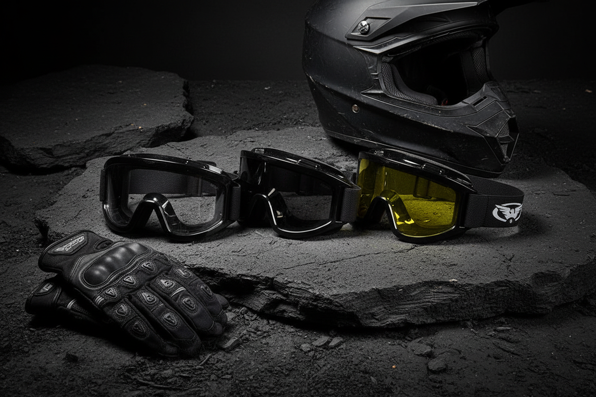 Spits Eyewear Windshield ATV motorsports fit-over goggles lifestyle flat lay – clear, smoke and yellow tint lens options with riding gloves and helmet