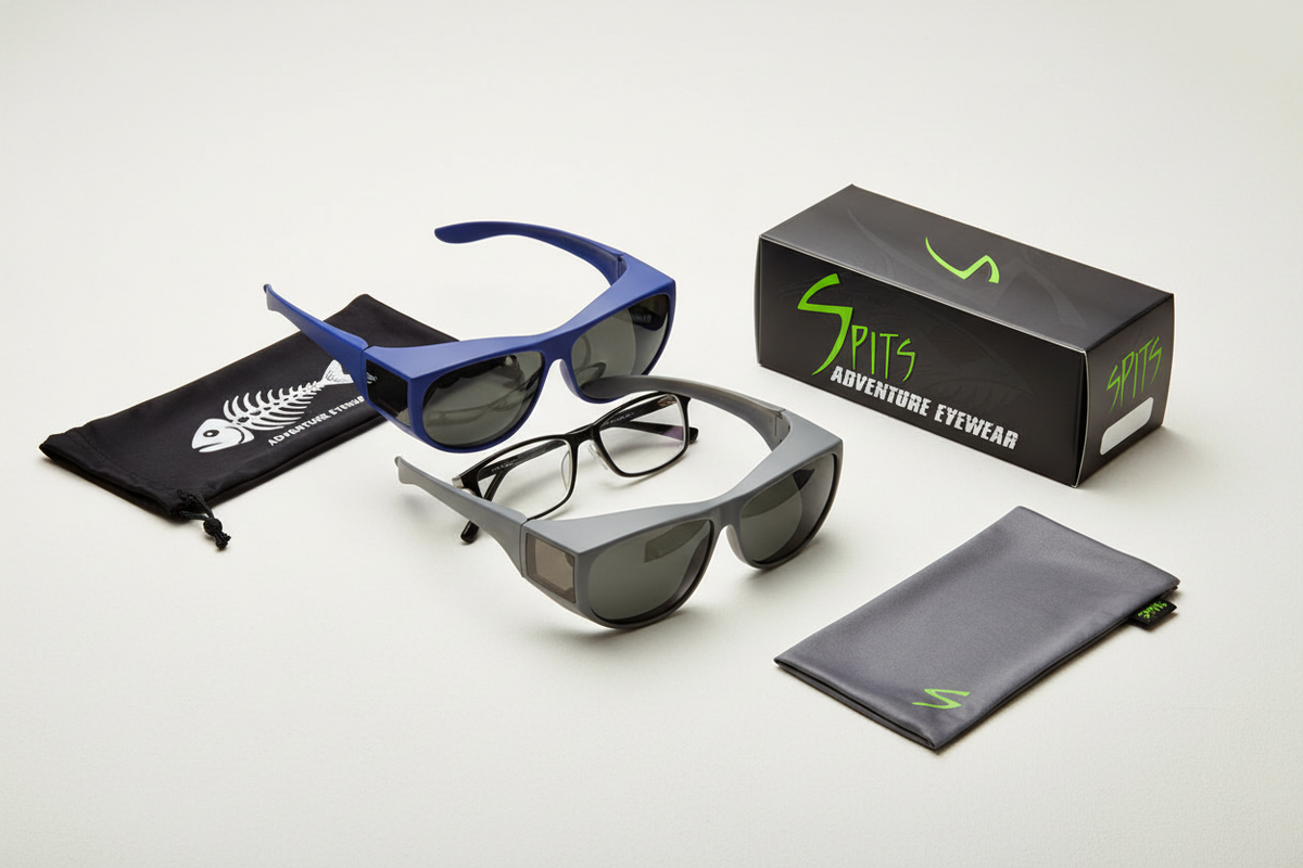 Spits Eyewear Encompass polarized fit-over sunglasses lifestyle flat lay – blue, gray and tortoise shell frames with microfiber pouch and prescription glasses showing fit-over concept alongside black drawstring bag