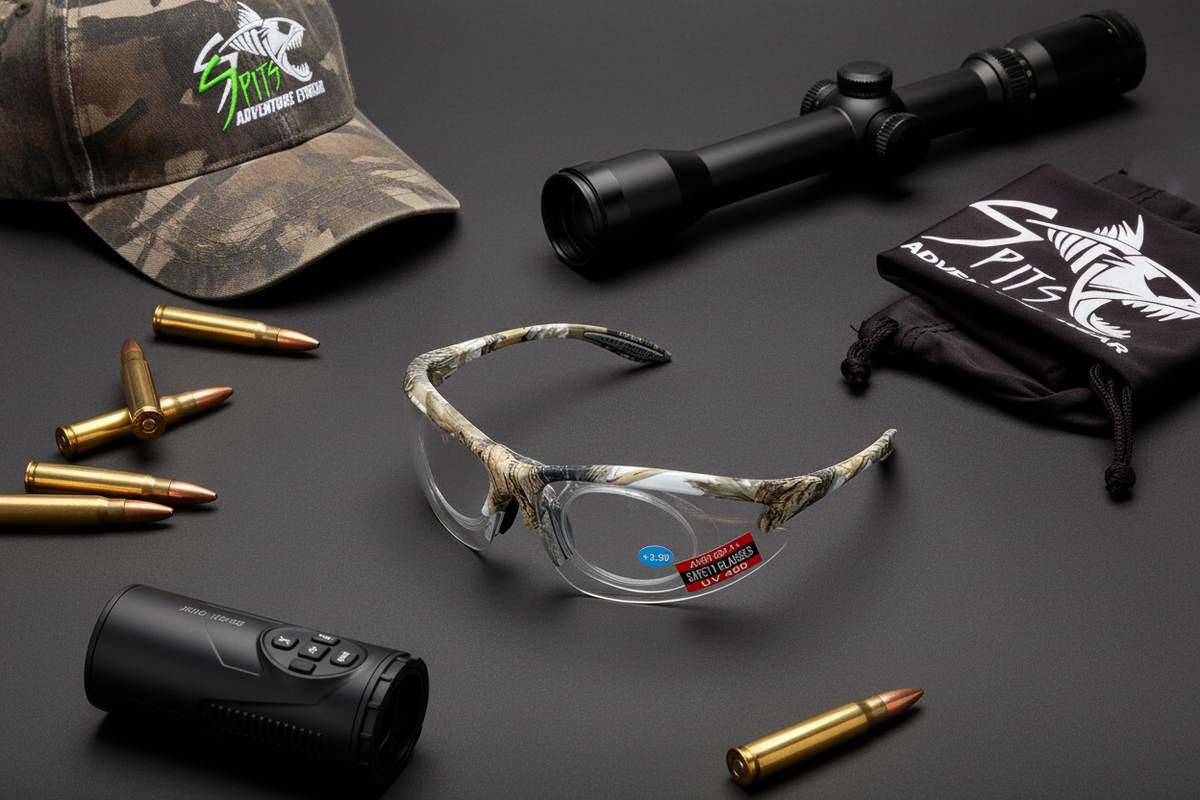 MAGshot forest white camo frame magnifying hunting shooting safety glasses flat lay with gun scope, rifle shells, rangefinder, camo hat with Spits Eyewear logo and Spits Adventure Wear drawstring bag