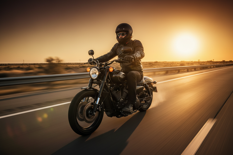 Motorcyclist wearing Ruger interchangeable lens sunglasses riding on open highway at golden hour - Spits Eyewear