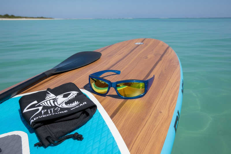 MAKAI SUP floating paddle board sunglasses on a paddle board over calm water with Spits Adventure Wear drawstring bag