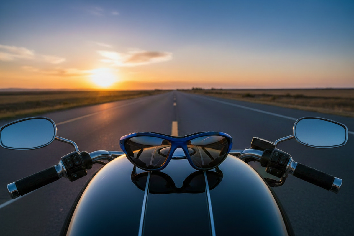 Outlook removable foam padded motorcycle sunglasses on a teardrop tank with open highway - Spits Eyewear
