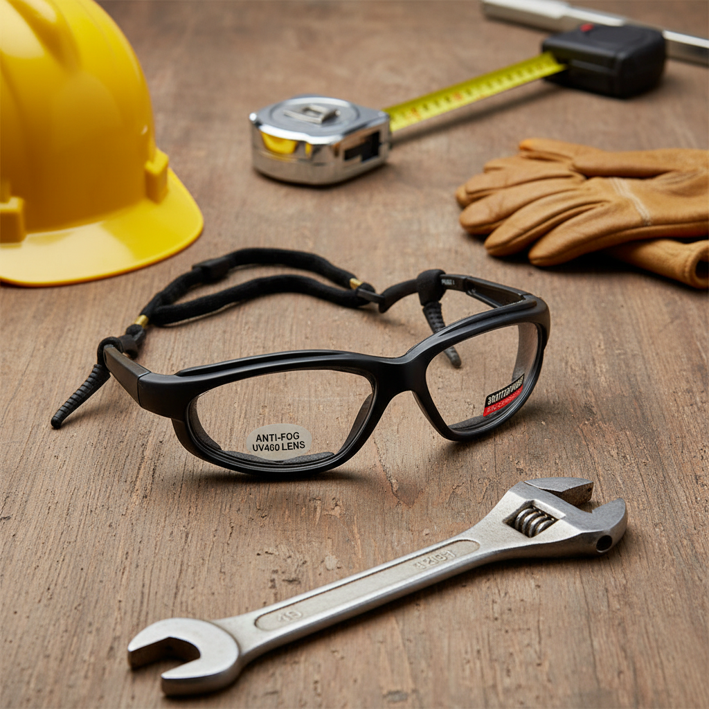 ANSI Z87.1 rated PAGOS foam padded safety glasses displayed alongside a hard hat, work gloves, tape measure, and wrench in an industrial workshop flat lay
