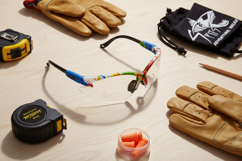 Cougar foam padded bifocal safety glasses flat lay with work accessories and Spits drawstring bag on light wood surface