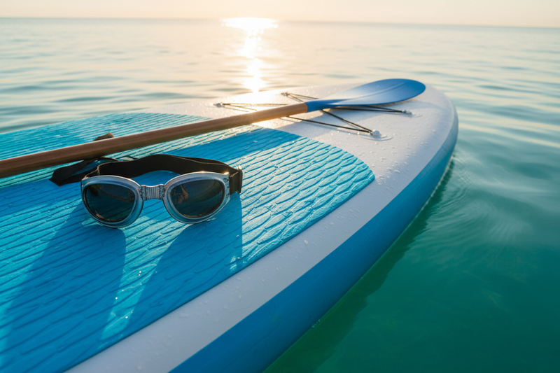 Adventure Jr folding goggles on a paddleboard with paddle - motorcycle and watersports eyewear by Spits Eyewear