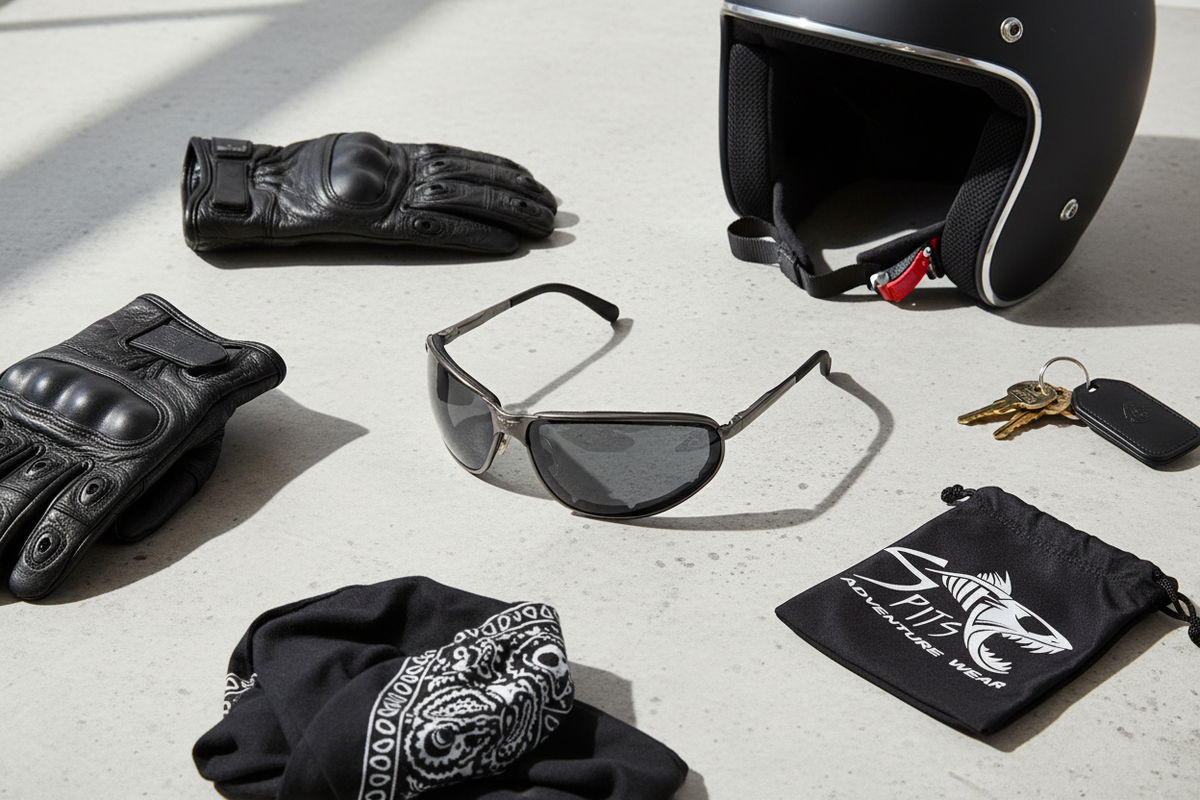 Sturgis 2 smoke lens safety glasses motorcycle accessories flat lay with helmet, gloves, keys and bandana