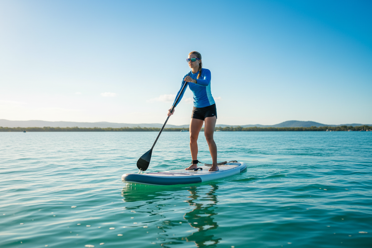 Woman paddleboarding on open water wearing Marcie foam padded floating sunglasses in pink frame with flash mirror lenses - Spits Eyewear