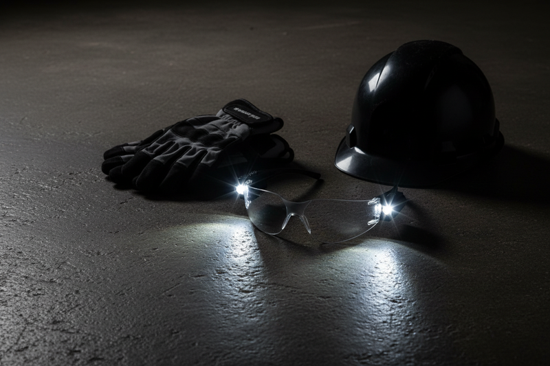 Spits Eyewear Rider LED lighted safety glasses lifestyle photo – LED temple lights glowing and illuminated, clear polycarbonate lenses, ANSI Z87.1 OSHA compliant safety glasses