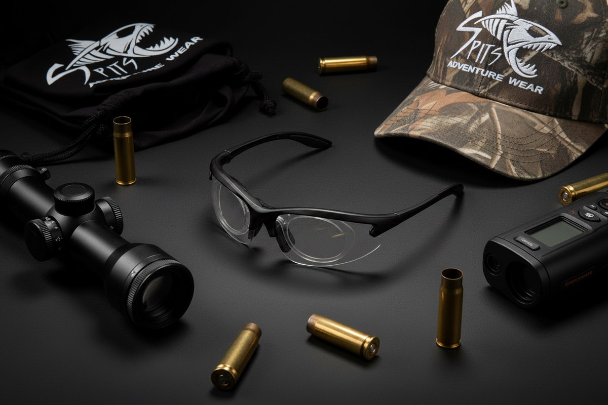 MAGshot black frame magnifying hunting shooting safety glasses flat lay with gun scope, rifle shells, rangefinder, camo hat with Spits Eyewear logo and Spits Adventure Wear drawstring bag