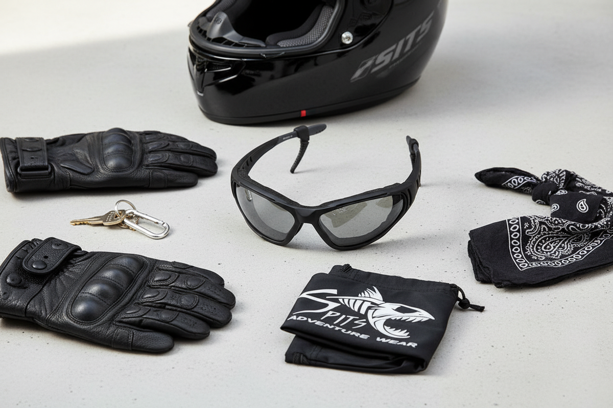 Ultra foam padded matte black motorcycle eyewear flat lay with helmet, gloves, keys, bandana and Spits eyewear bag