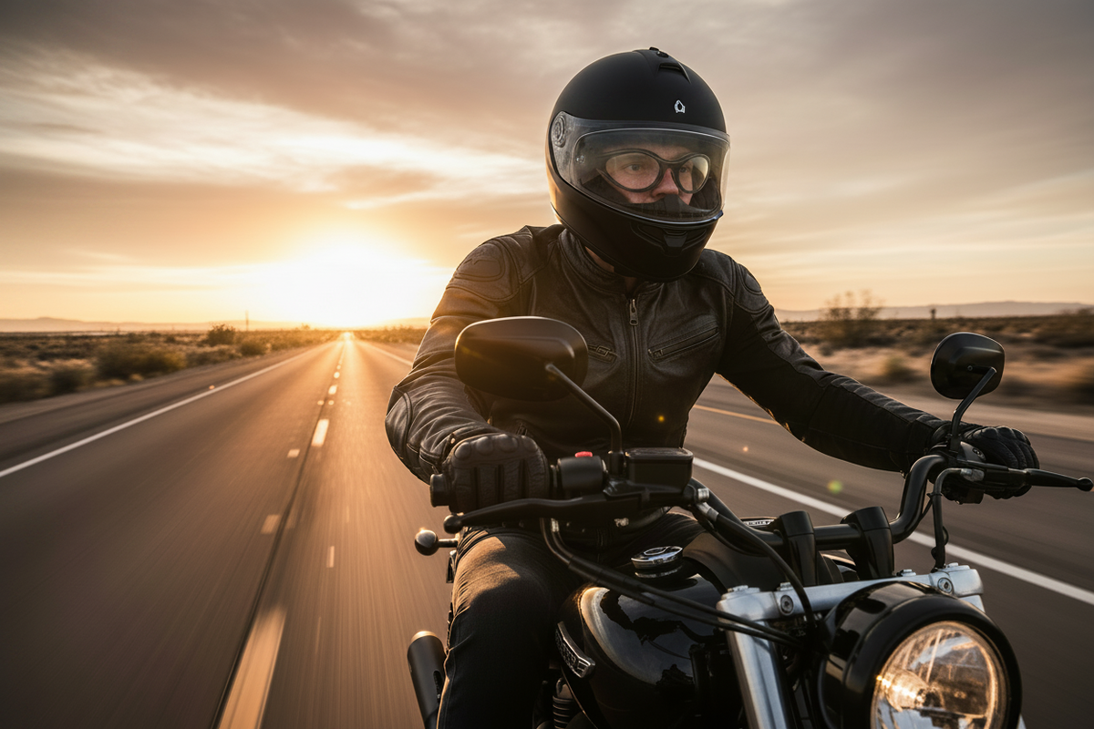 Motorcyclist wearing Wind Master foam padded motorcycle eyewear riding on open highway at golden hour - Spits Eyewear