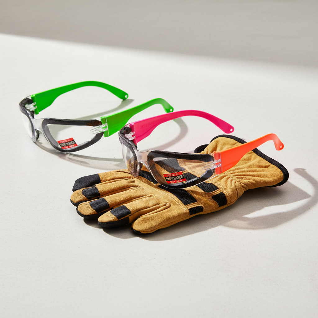 Spits Eyewear Rider Neon safety glasses lifestyle flat lay – green, pink and orange neon frames with one-piece polycarbonate lenses alongside work gloves
