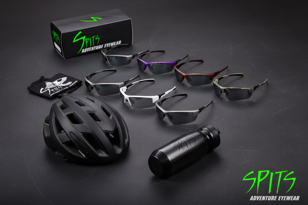 Spits Eyewear Kona TT bifocal sunglasses lifestyle flat lay – multiple frame colors including forest camo alongside black drawstring bag, cycling helmet and water bottle