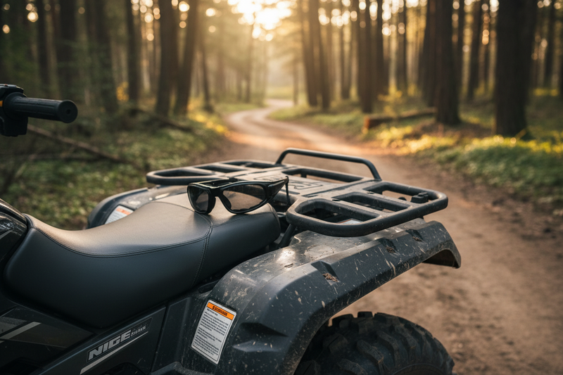 Zilla foam padded safety glasses on an ATV on a dirt trail - motorcycle and outdoor eyewear by Spits Eyewear