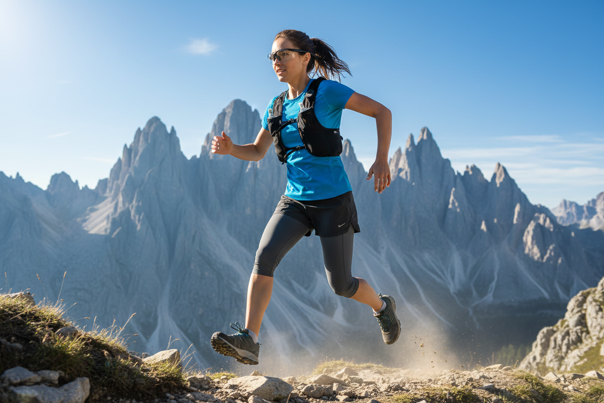 Athlete trail running in the mountains wearing Archer low bifocal safety glasses in black frame with clear lenses - Spits Eyewear