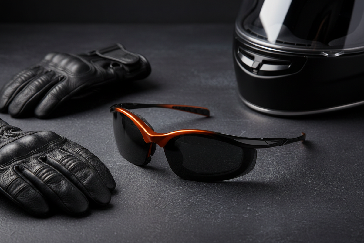 Spits Eyewear Excites foam padded motorcycle sunglasses lifestyle flat lay – black and orange frames with smoke lenses alongside riding gloves and motorcycle helmet