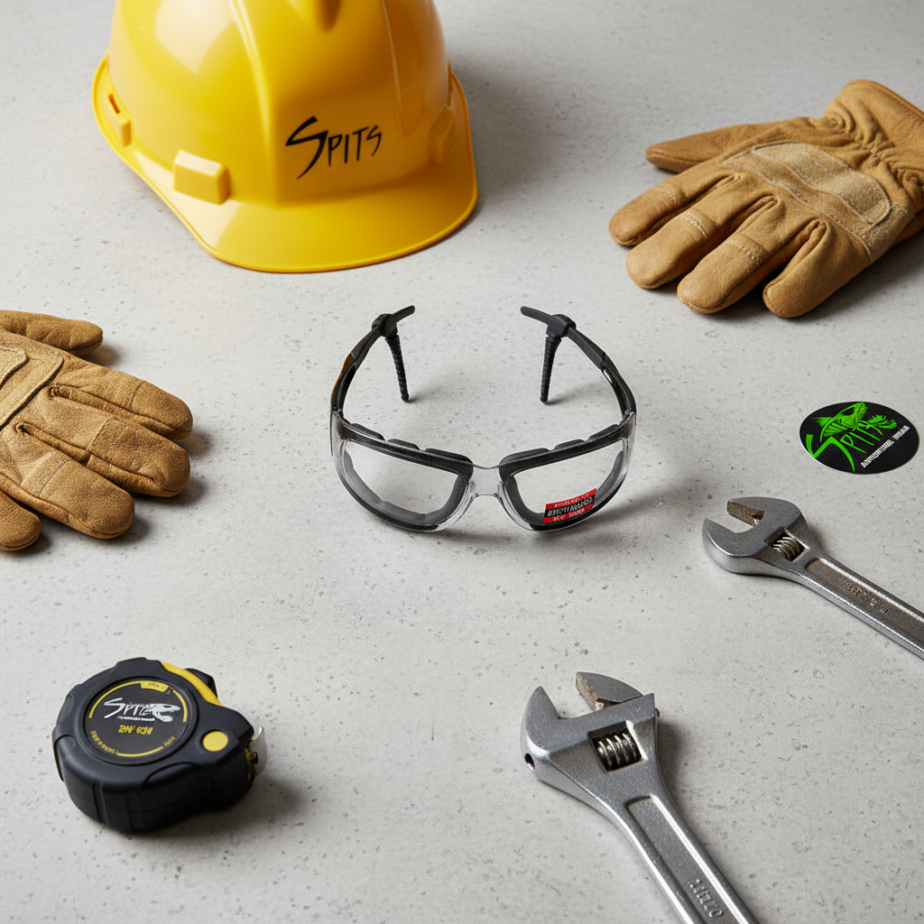 ANSI Z87.1 rated Player safety glasses for small face shapes displayed alongside a hard hat, work gloves, tape measure, and wrench in an industrial workshop flat lay