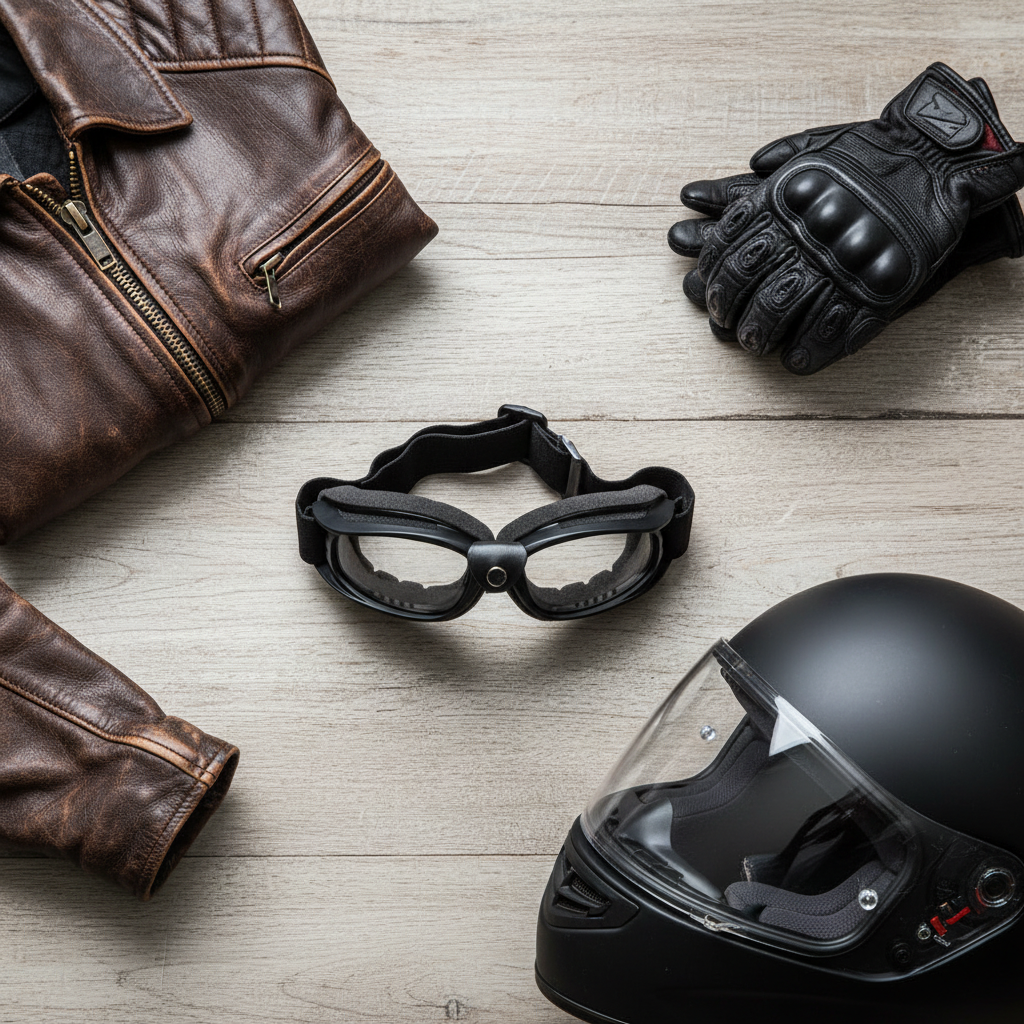 Nitro leather accent motorcycle goggles with matte black frame, soft foam seal and clear lenses displayed alongside a leather jacket, motorcycle gloves, and helmet