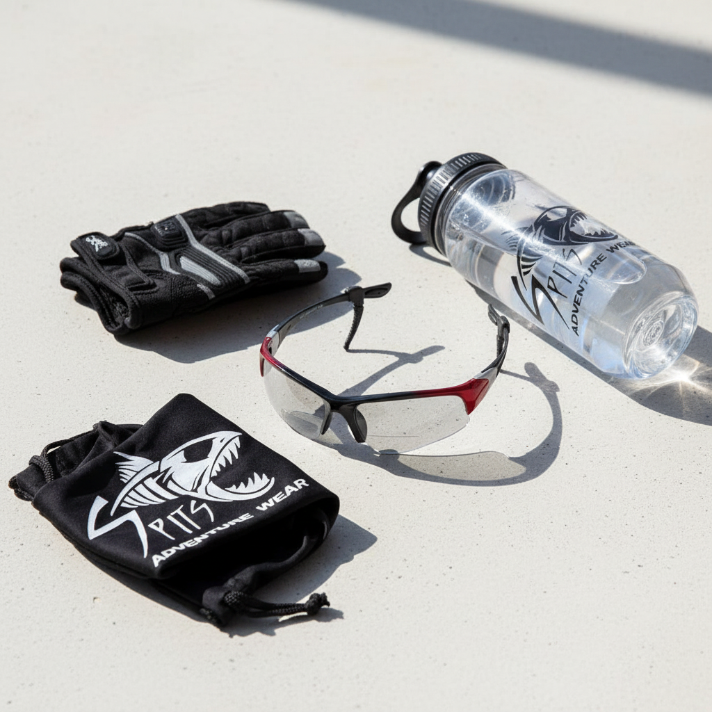 Velo-Spec Bifocal Safety Glasses lifestyle flat lay with drawstring bag and cycling accessories
