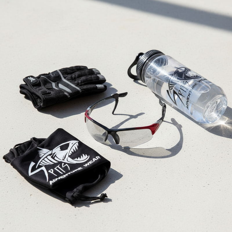 Velo-Spec Bifocal Safety Glasses lifestyle flat lay with drawstring bag and cycling accessories