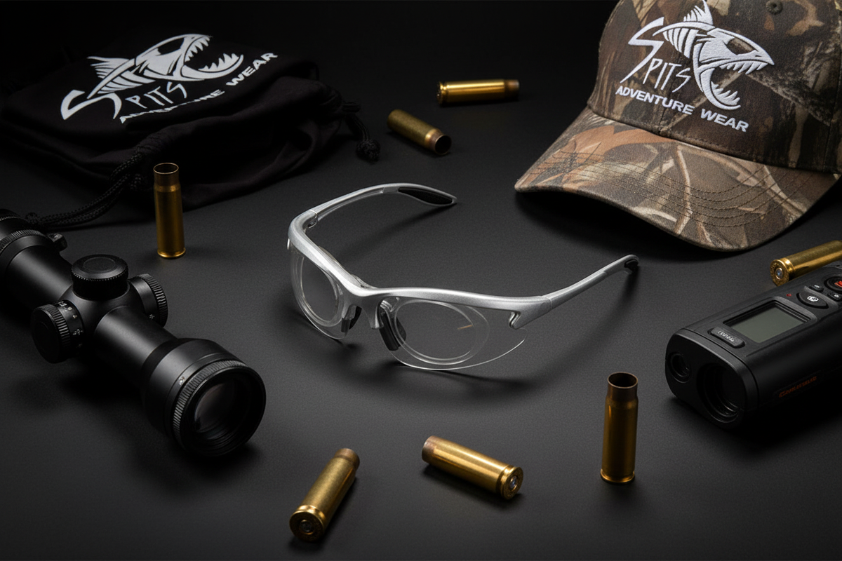 MAGshot silver frame magnifying hunting shooting safety glasses flat lay with gun scope, rifle shells, rangefinder, camo hat with Spits Eyewear logo and Spits Adventure Wear drawstring bag