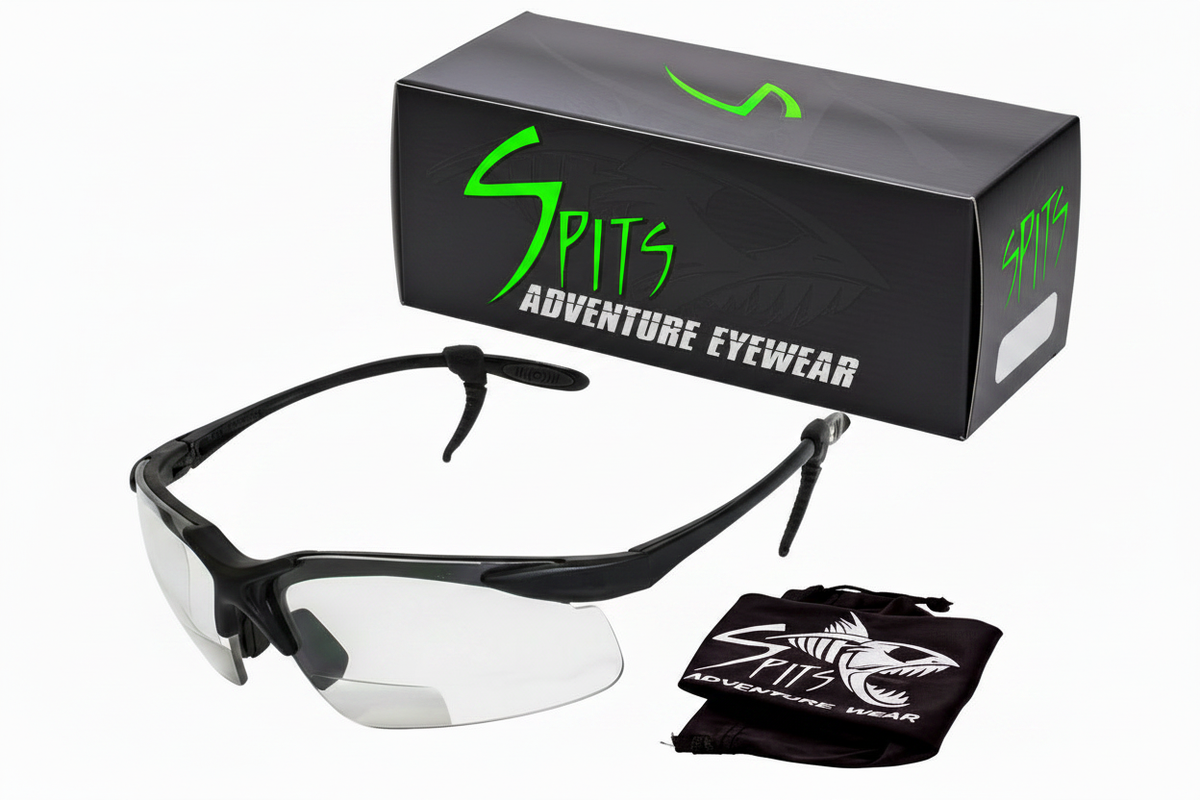 Archer bifocal safety glasses with clear lenses and rubber ear lock retainers with Spits Adventure Eyewear box - Spits Eyewear