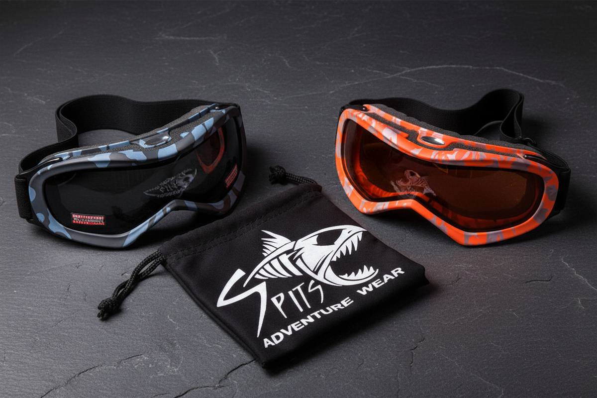 Spits Eyewear Drifter sport goggles lifestyle flat lay – light blue black camo and orange gray camo frames with black drawstring bag