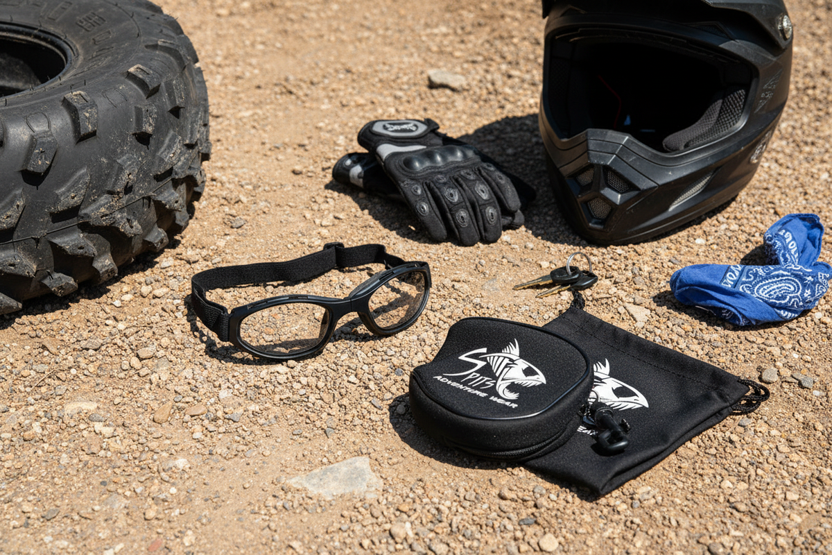 Trekker compact folding goggles ATV flat lay with gloves, helmet, bandana, neoprene pouch and Spits Adventure Wear drawstring bag