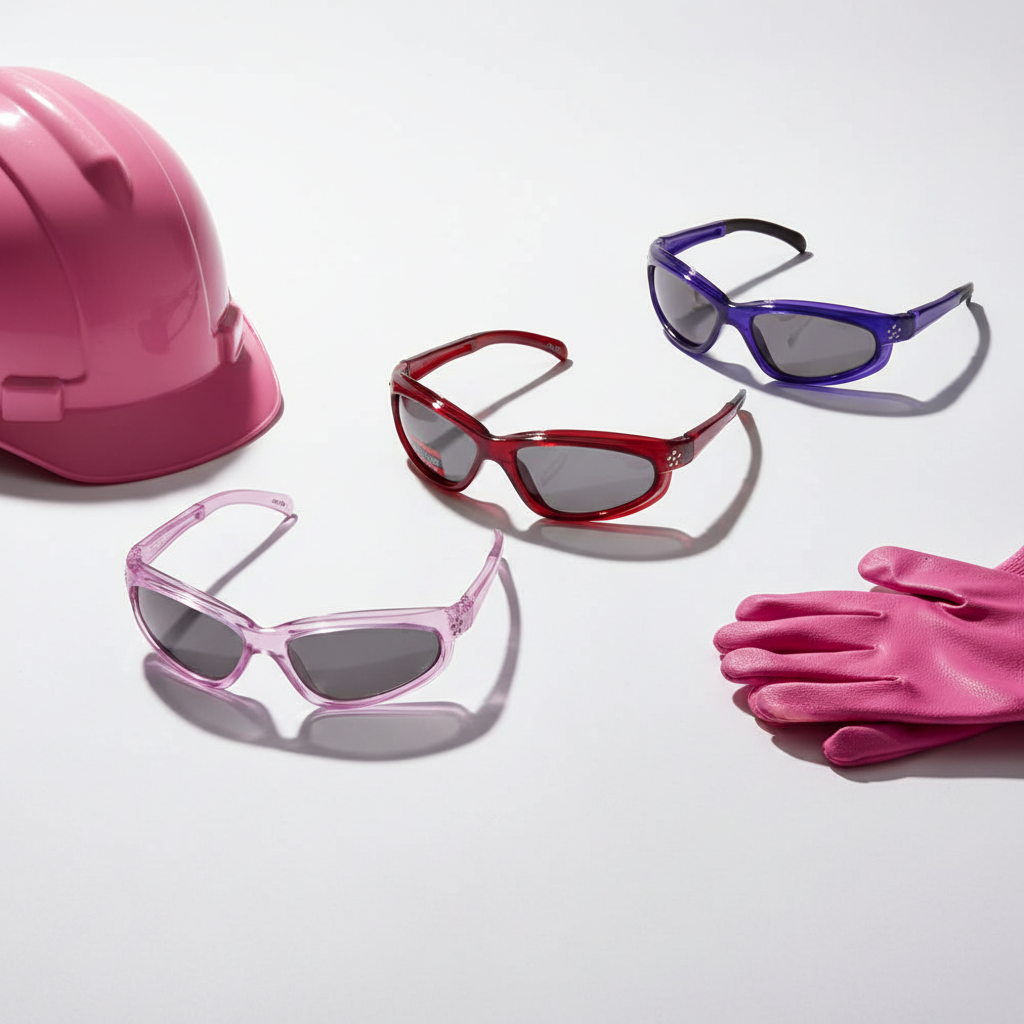 Spits Eyewear Miss Pagos Mini Bling women's safety glasses lifestyle flat lay – crystal pink, red and purple frames with rhinestone temple accents alongside pink hard hat and pink work gloves
