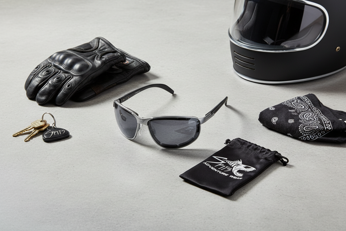 Sturgis 3 foam padded metal framed safety glasses with smoke lenses motorcycle accessories flat lay with helmet, gloves, keys, bandana and Spits eyewear bag