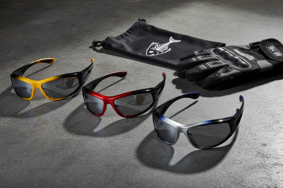 Spits Eyewear Titan wrap-around safety glasses lifestyle flat lay – two-toned yellow black, red, silver and blue frames with mirror lenses alongside black drawstring bag and work gloves